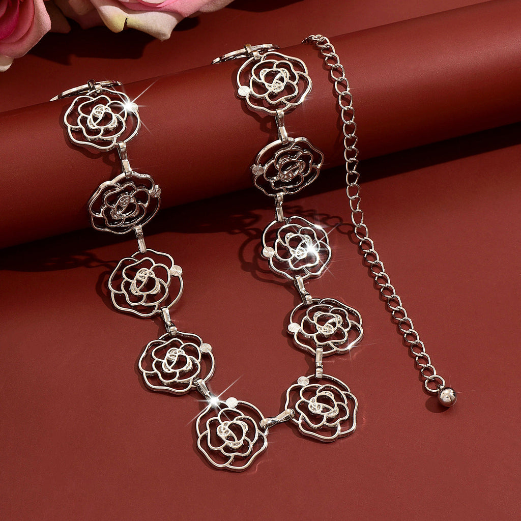 Women Hollow Rose Flower Metal Waist Chain, Adjustable Floral Belly Body Belt