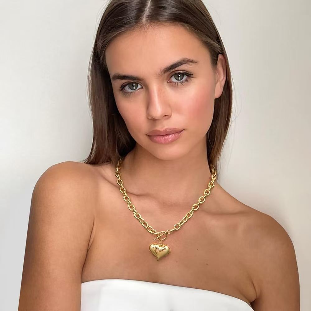 Cross-Border European And American Simple Fashion Ot Buckle Gold-Plated Thick Chain Fluffy Heart-Shaped Pendant Necklace Thick Thick Chain Necklace Jewelry