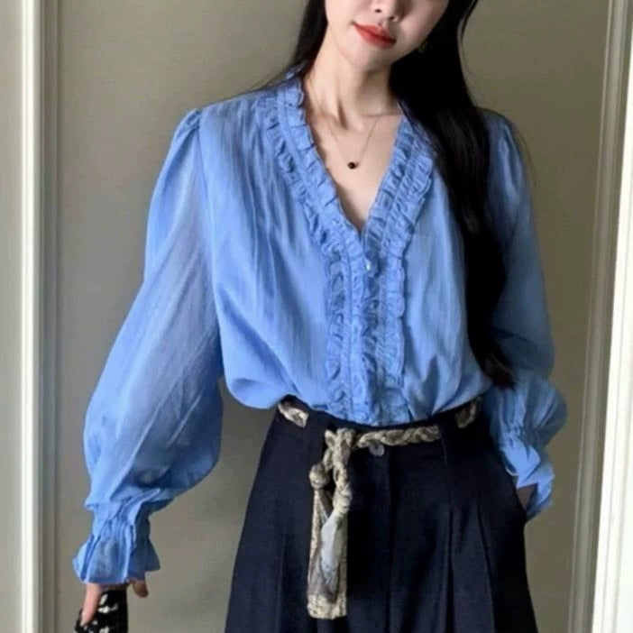 Blue Ruffled-edge Long-sleeve Blouse For Women