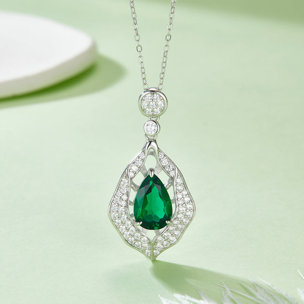 S925 Silver 5.4g Platinum Plated 4ct Lab-Created Emerald Necklace, 12x8mm Teardrop Pendant, 40&5cm