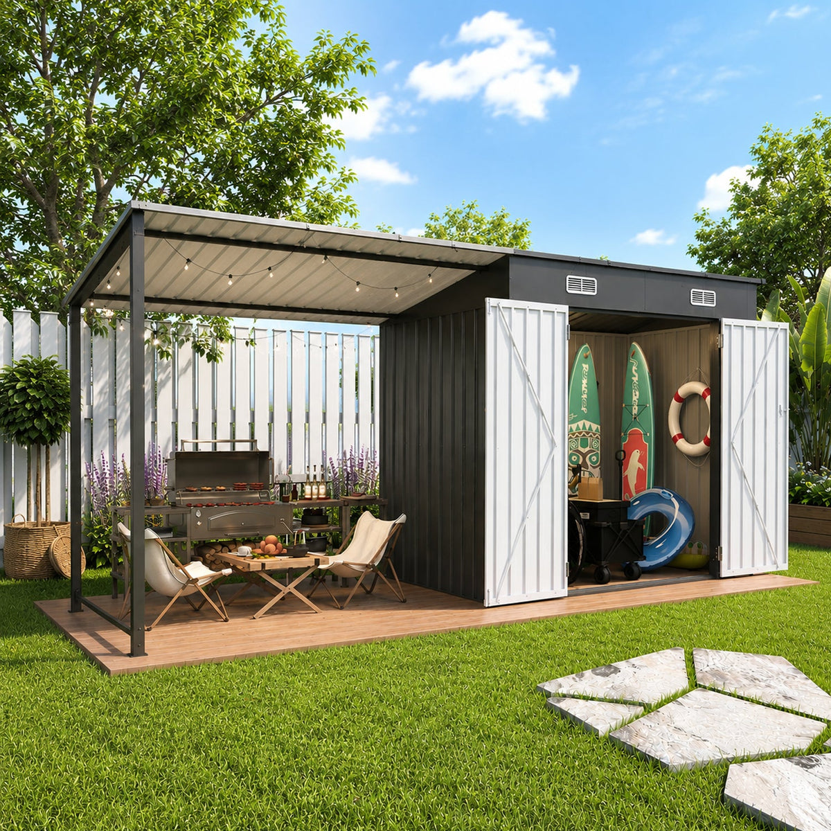 12x4 FT Metal Lean-To Shed with Pergola, 6x4 FT Outdoor Storage Shed & Hardtop Gazebo Combo