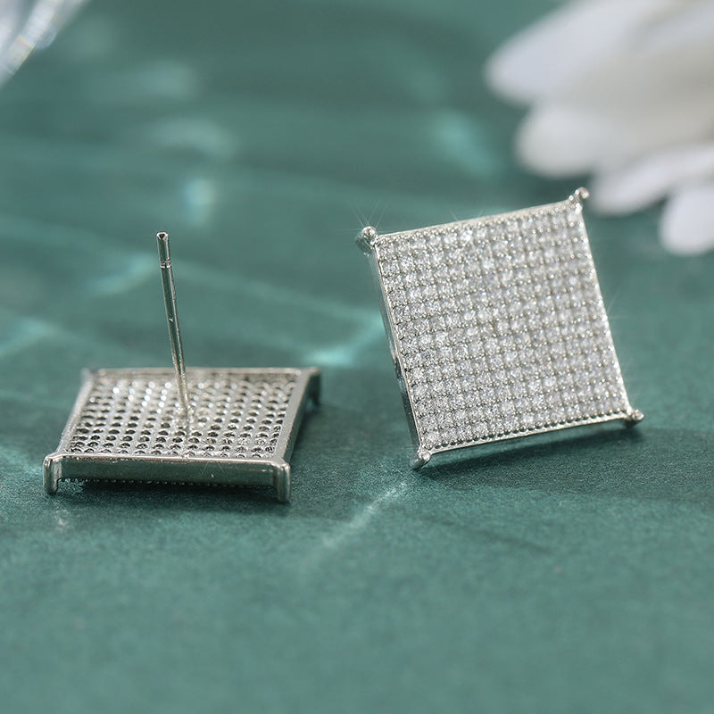 Sparkling Square Crystal Stud Earrings Silver Tone Brass Women Elegant Party Wedding Fashion Jewelry Versatile