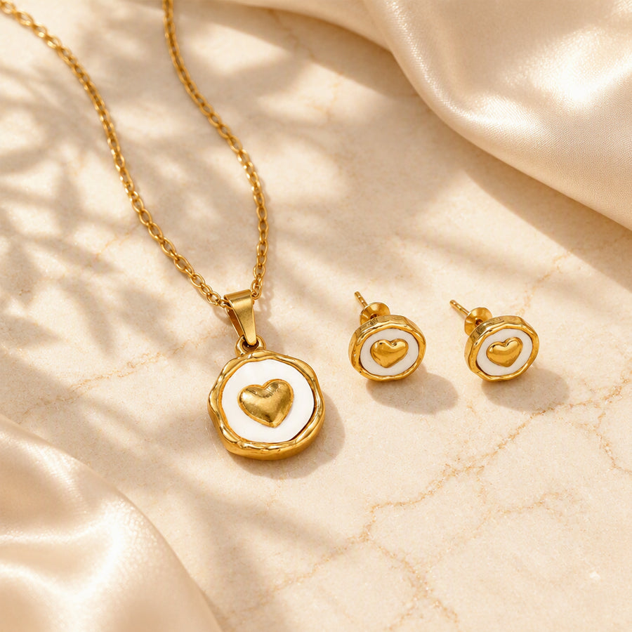 18K Gold Plated Stainless Steel Heart Jewelry Set For Women, White Enamel Round Coin Pendant Necklace Stud Earrings Open Adjustable Ring, Dainty Love Theme Jewelry Gift