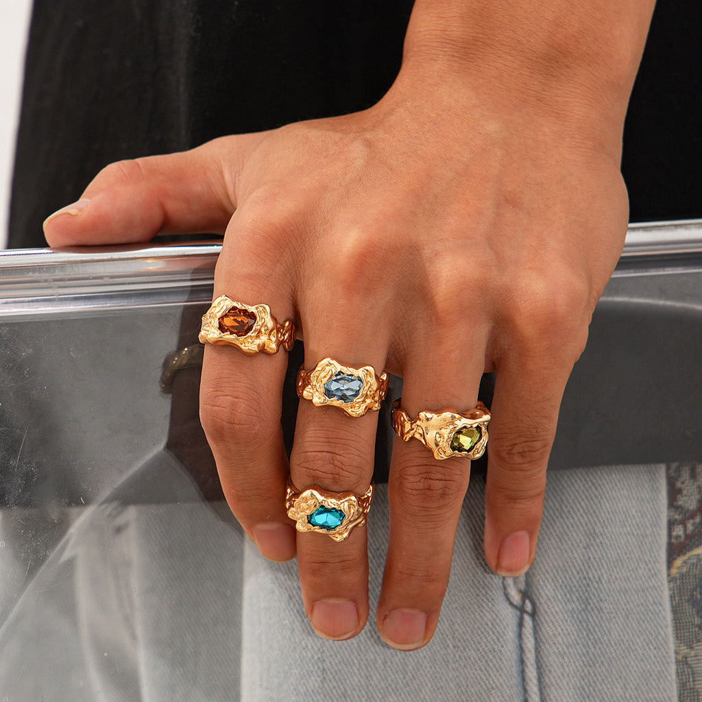European And American Fashion Cool Pleated Lava Metal Gemstone Ring For Men