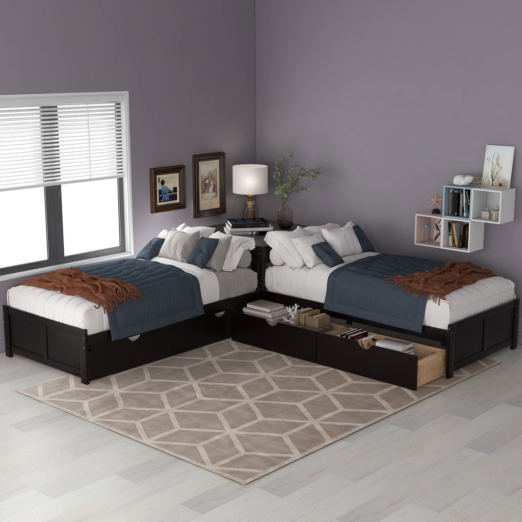 L-Shaped Platform Bed with Trundle and Built-in Desk