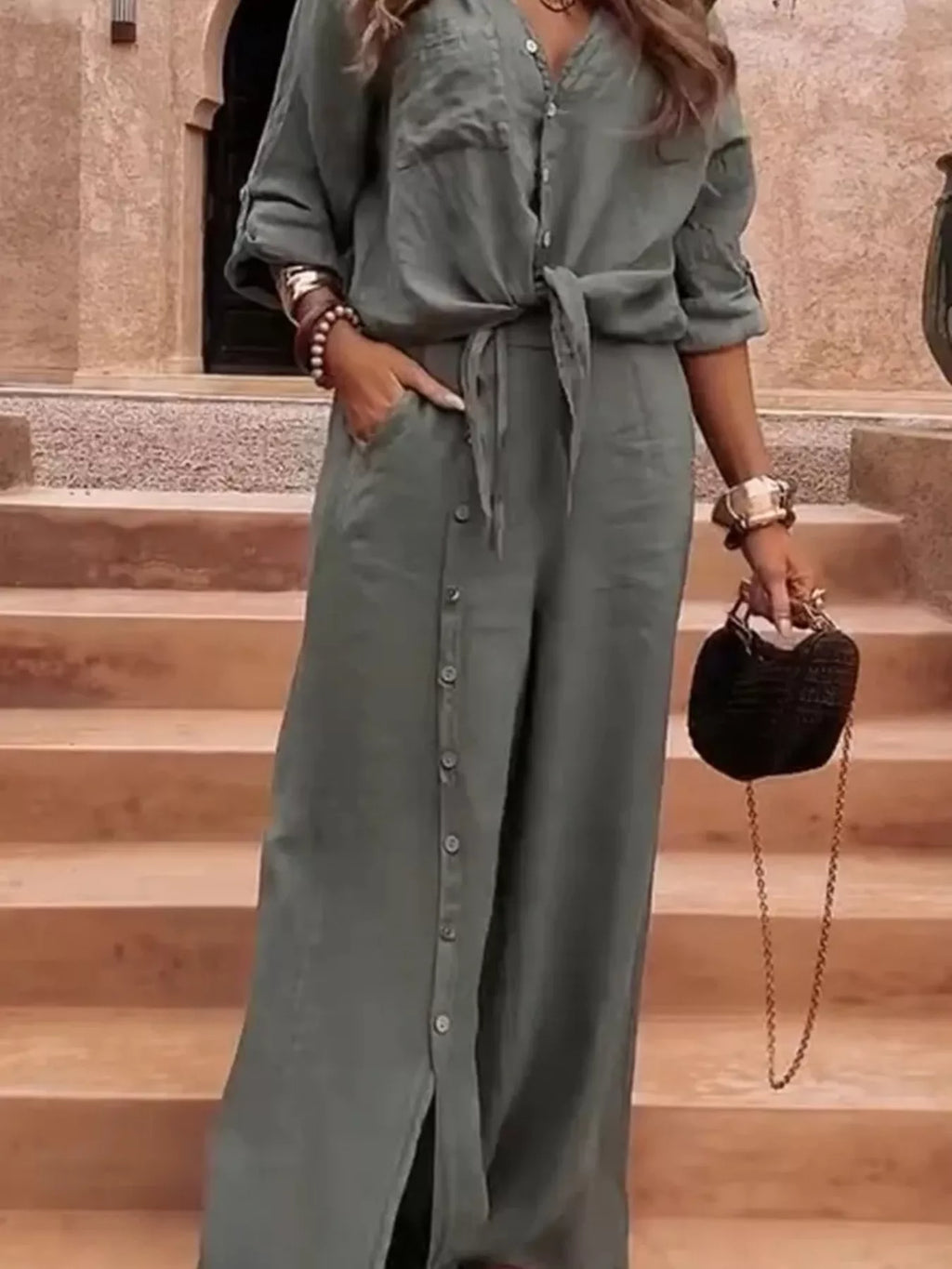 Full Size Tie-Front Shirt and Button-Down Wide-Leg Pants Set Plus Size