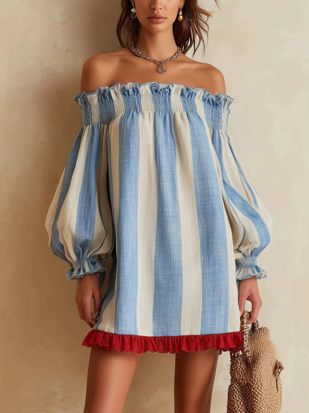 Off-Shoulder Striped Ruffle Hem Mini Dress