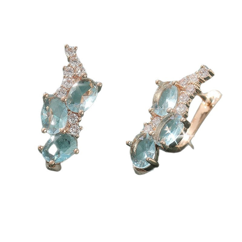 Aqua Blue Oval Crystal Stud Earrings Rose Gold Tone Brass Women Elegant Party Fashion Jewelry