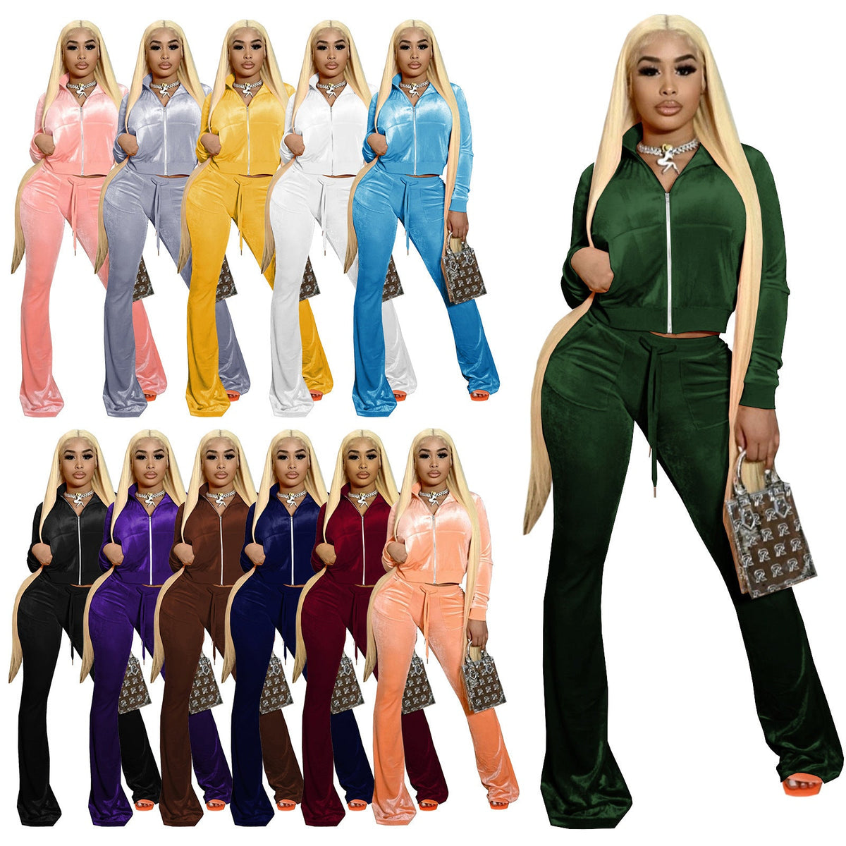 European And American Women's Clothing Autumn And Winter New Set, Two-Piece Crop Top Set For Women, Casual Sports Commuter Style, Flared Pants, Short Style