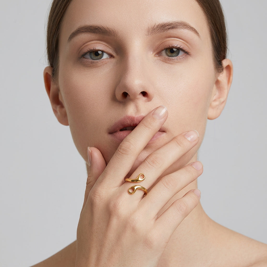 Women Hollow Design Stainless Steel Open Ring, European American Style 18K Gold Plated, High End Commuter Finger Jewelry