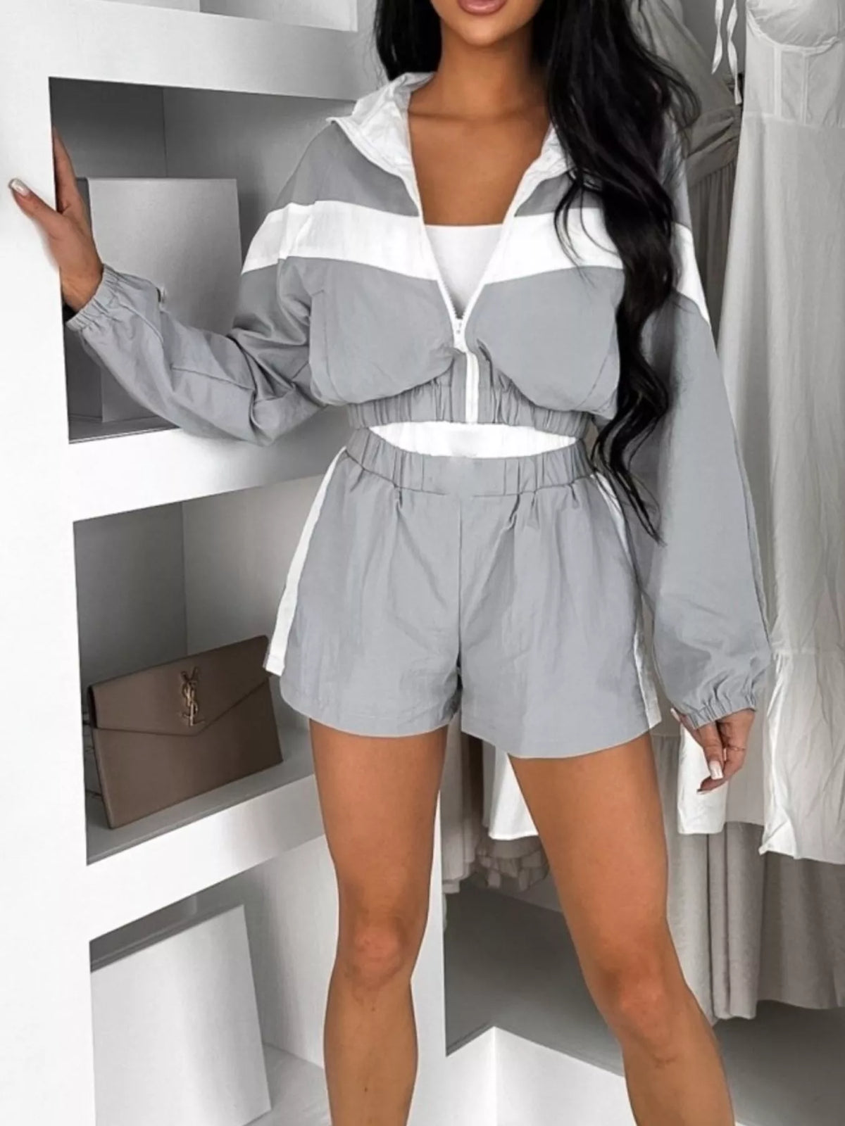 Color Block Zip-Up Jacket and Shorts Two-Piece Set