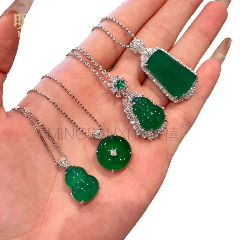 Imperial Green Necklace, Chinese Style Gourd Pendant Necklace, Full Green Natural Chalcedony, Amulet For Peace, Agate Safety Buckle, Jade Pendant