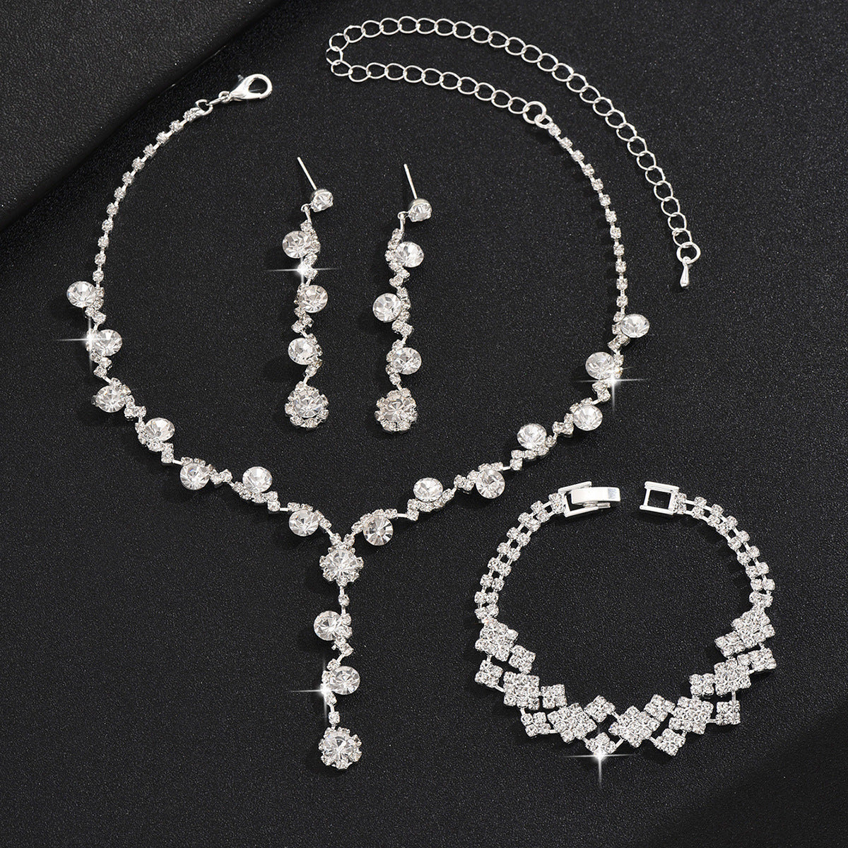 2026 Cross-border Rhinestone Jewelry Necklace Earring Bracelet Three-piece Jewelry Accessories Bridal Wedding Jewelry All-match