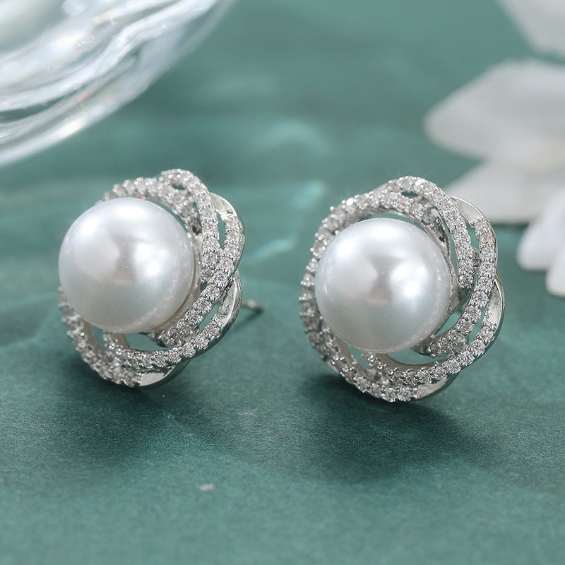 Elegant Pearl Crystal Stud Earrings Silver Tone Brass Women Wedding Party Fashion Jewelry Sparkling Statement