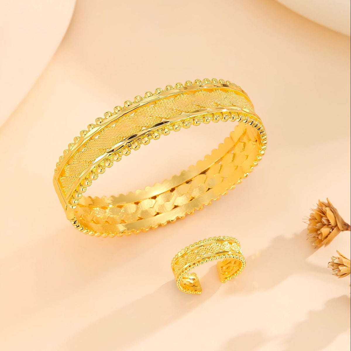2pcs Vintage Gold Plated Bracelet, Open Bracelet Ring Jewelry, Women's Festival Wedding Jewelry Set
