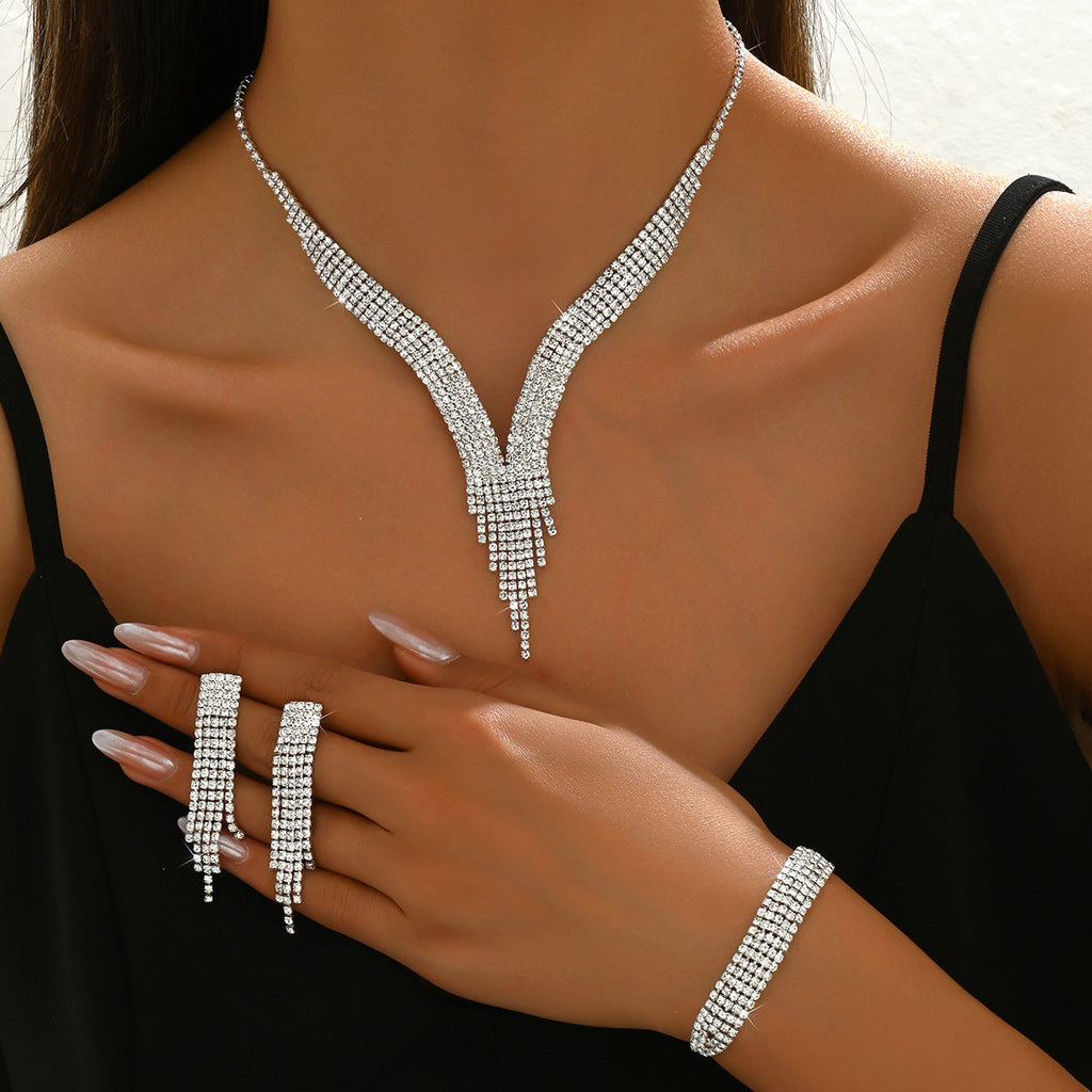 TiktokCross-border Water Drops Tassel Necklace Earrings Bracelet Three-piece Set Light Luxury Elegant Clavicle Chain Necklace For Women