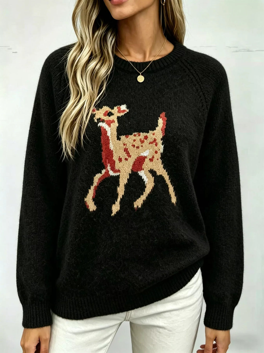 Deer Pattern Raglan Sleeve Sweater
