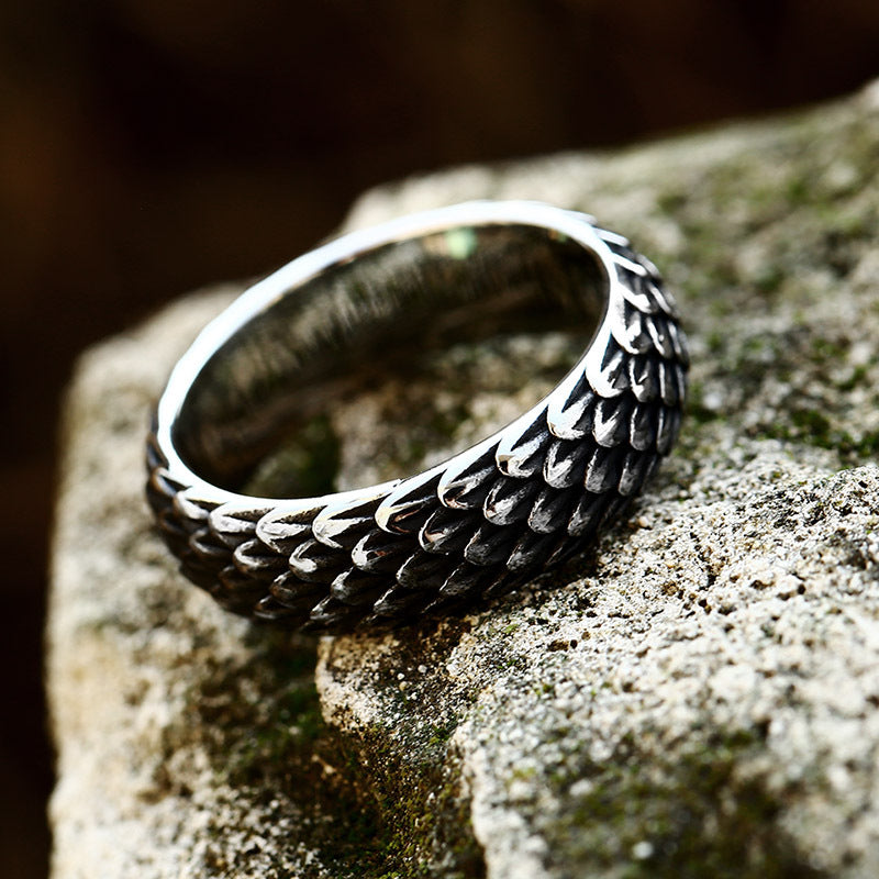 Retro Dragon Scale Stainless Steel Ring - Men's Titanium Steel Animal Jewelry Unique European American Style Band