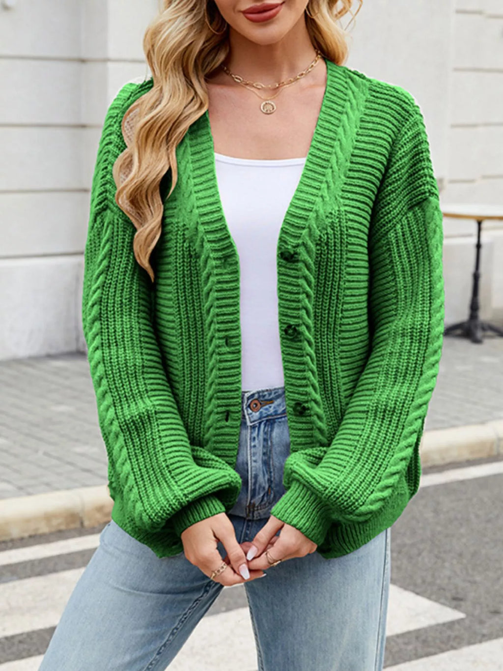 Cable Knit Button-Up Cardigan – Off-White / Black