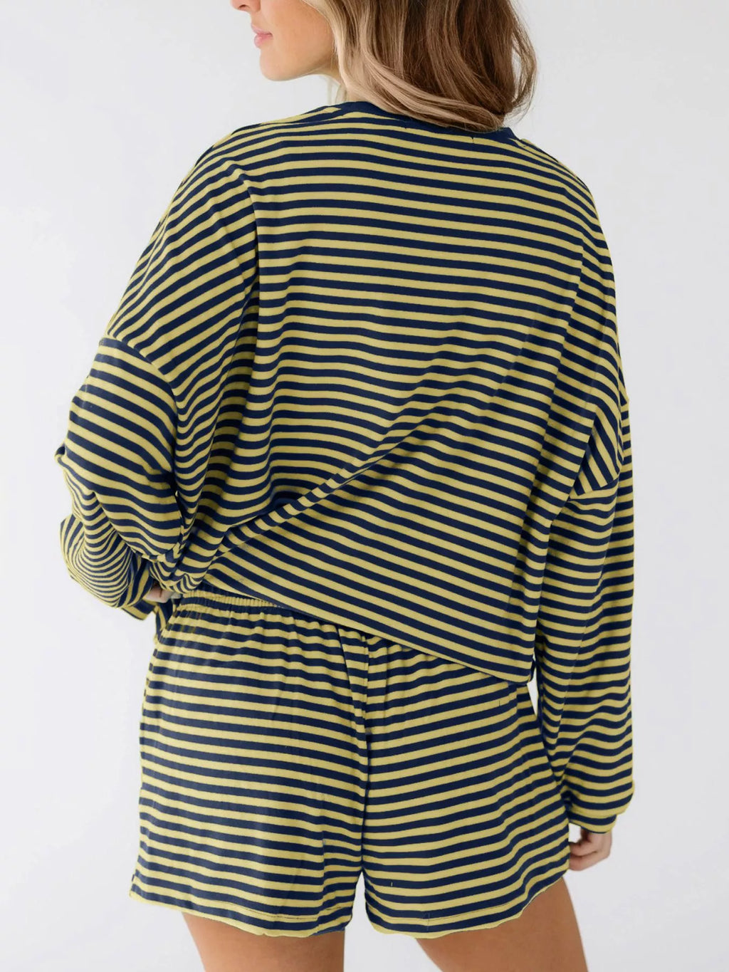 Casual Striped Long Sleeve Top and Shorts Set