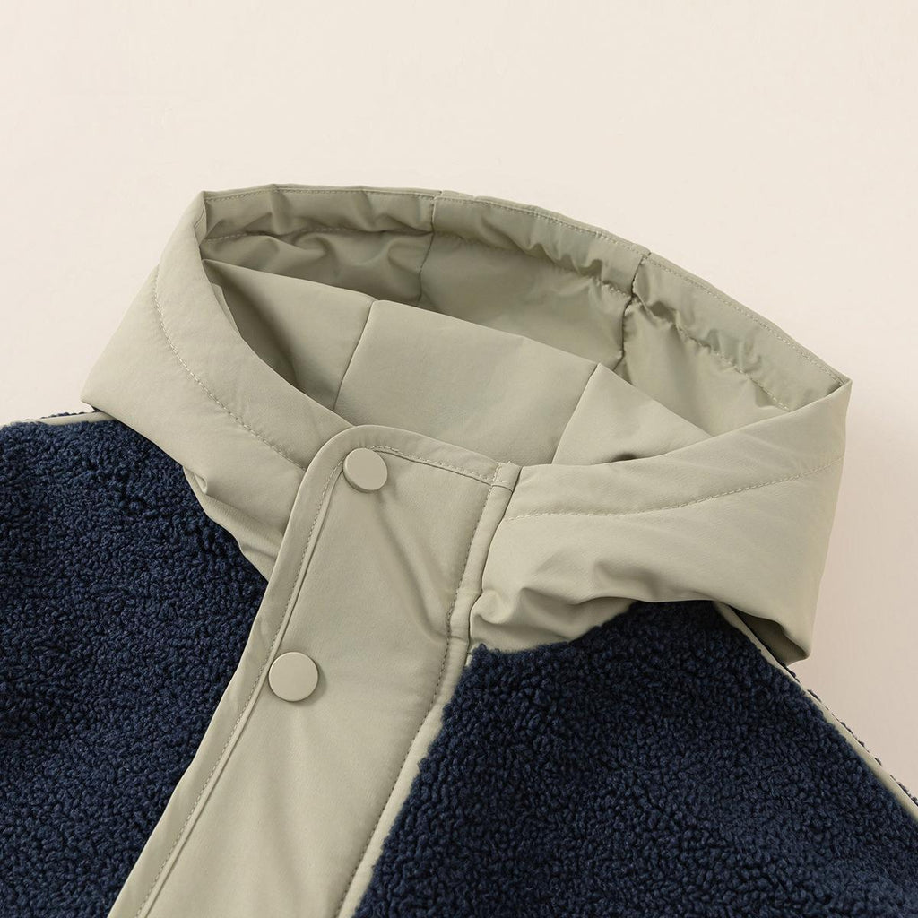 Boys Cotton-padded Coat With Color-block Design And A Plush Hood