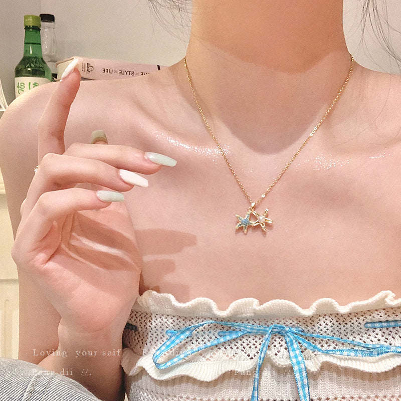 Ocean Style Starfish Shell Pearl Pendant Clavicle Chain Necklace Summer Women Neck Jewelry For Daily Dating Beach Party Occasions