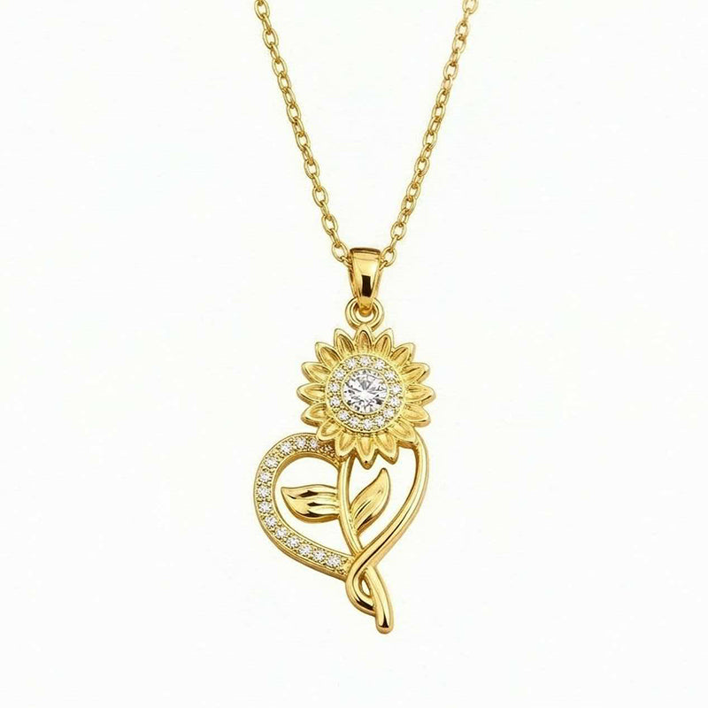 Copper Pendant With Heart-shaped Sunflower And Zircon, Paired With Stainless Steel Chain Necklace