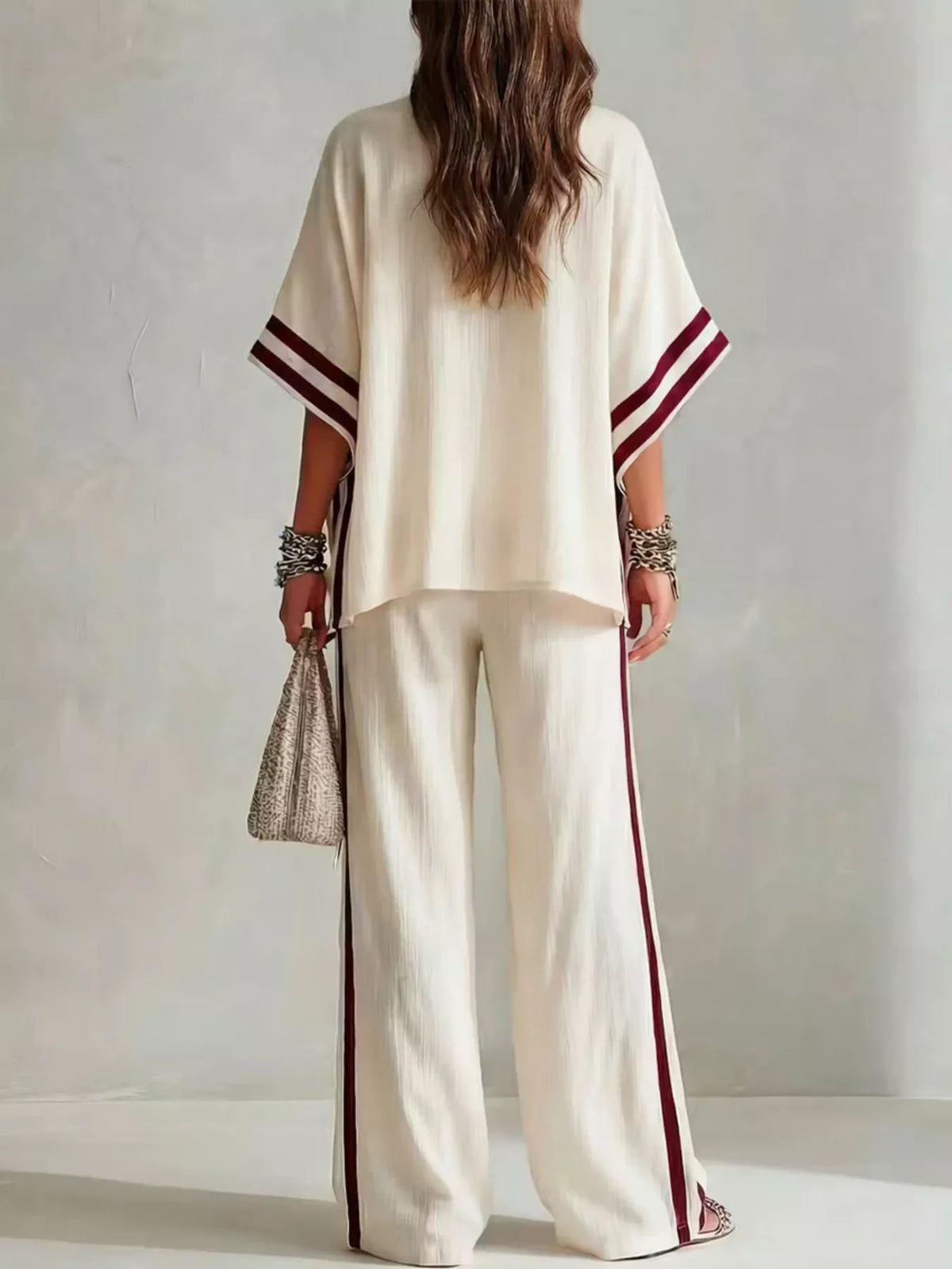 Full Size Striped 3/4 Sleeve Top and Pants Set Plus Size