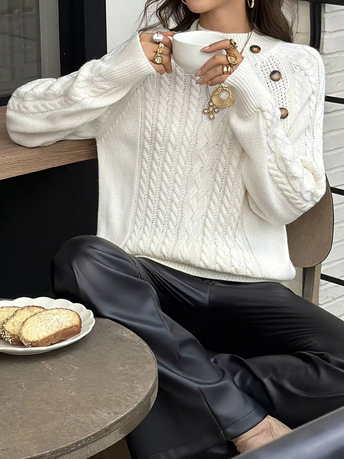 Mock Neck Cable-Knit Sweater