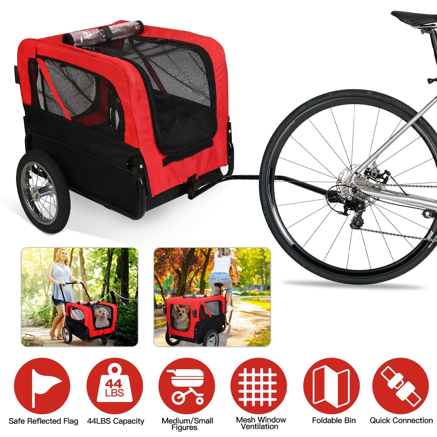 2-in-1 Pet Bike Trailer and Stroller for Small to Medium Pets