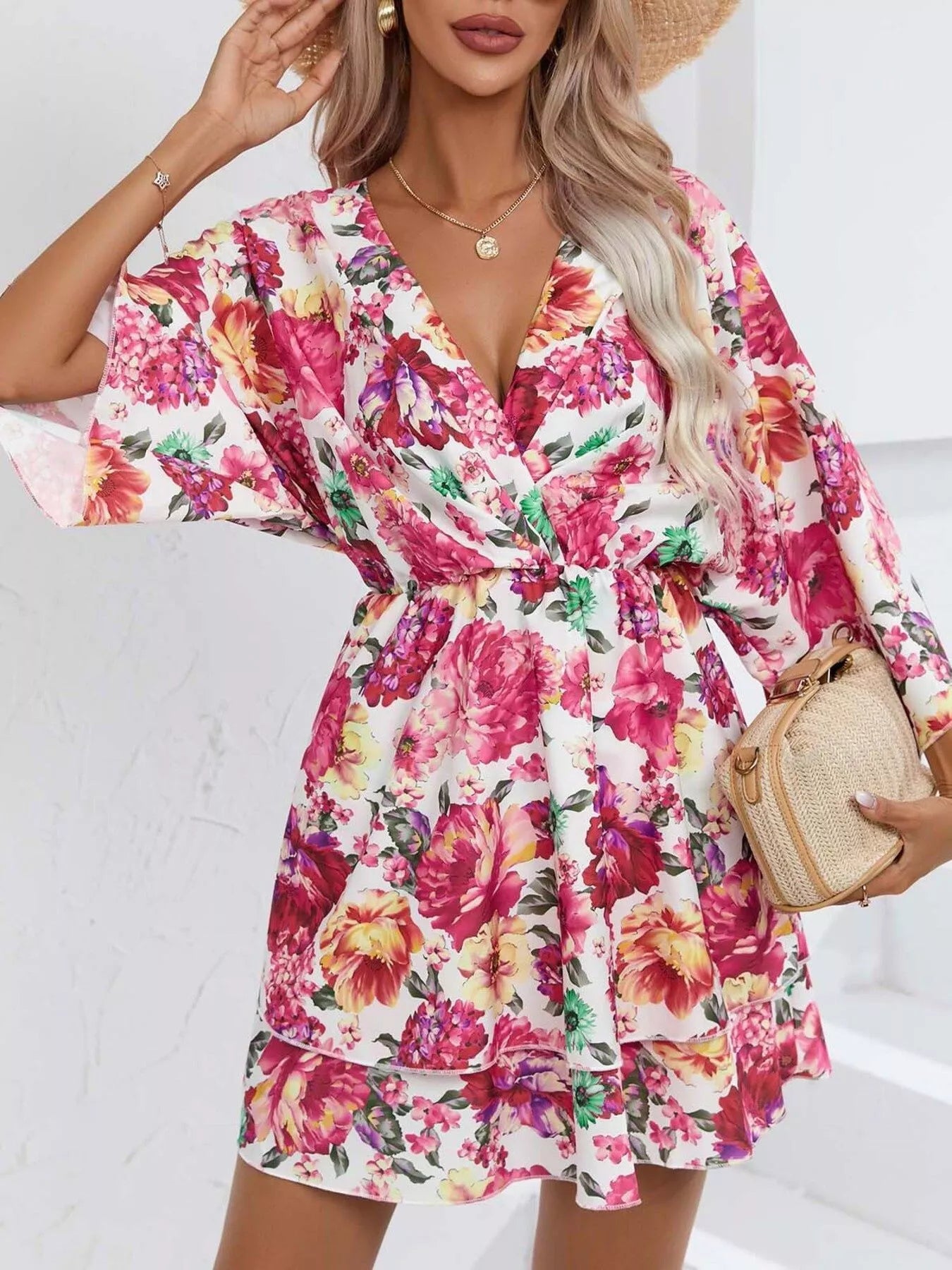 Floral Print Layered Ruffle Hem Mini Dress