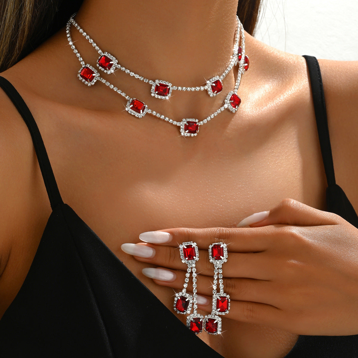Amazon Hot Selling Square Double-layer Necklace Tassel Earrings Light Luxury Wedding Two-piece Set Multi-color One-piece Hair