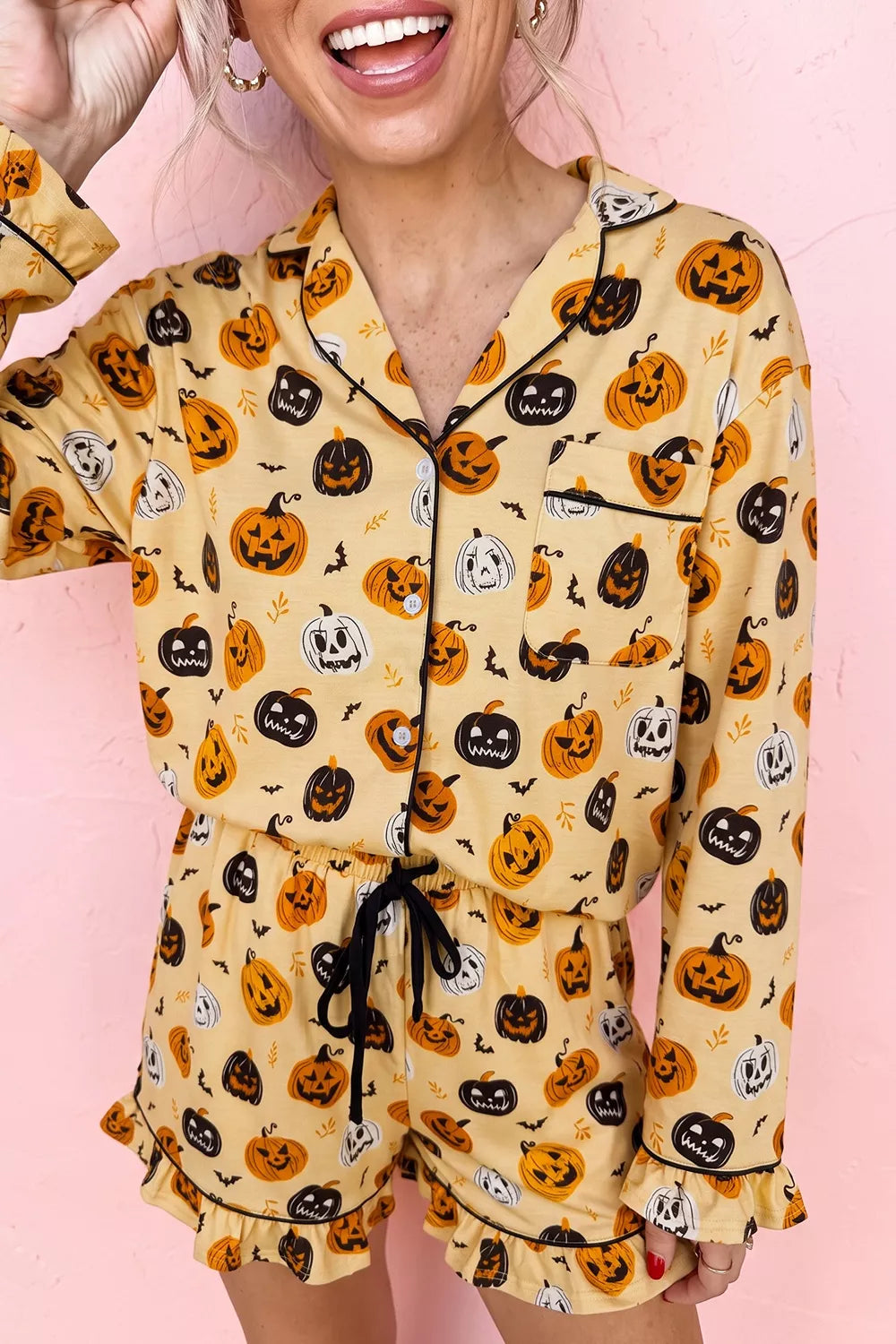 Halloween Pumpkin Print Long Sleeve Two Piece Lounge Set