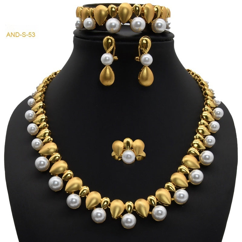 Women's Zircon Pearl Necklace Ring Earring Bracelet Four-piece Set