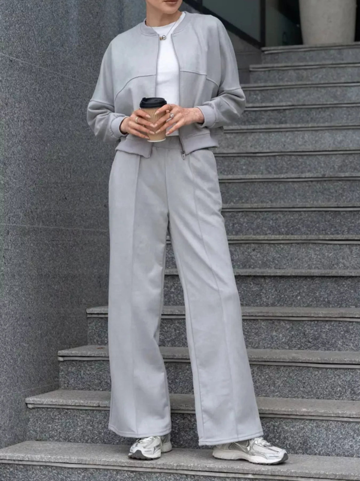 Zip Up Sweatshirt and Wide-Leg Pants Set