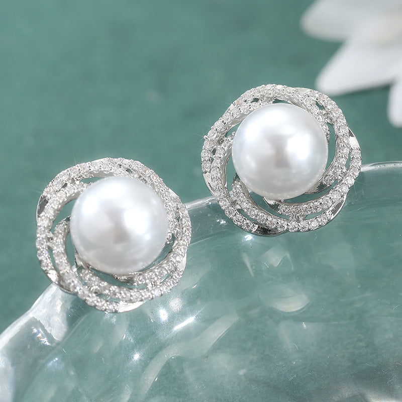 Elegant Pearl Crystal Stud Earrings Silver Tone Brass Women Wedding Party Fashion Jewelry Sparkling Statement