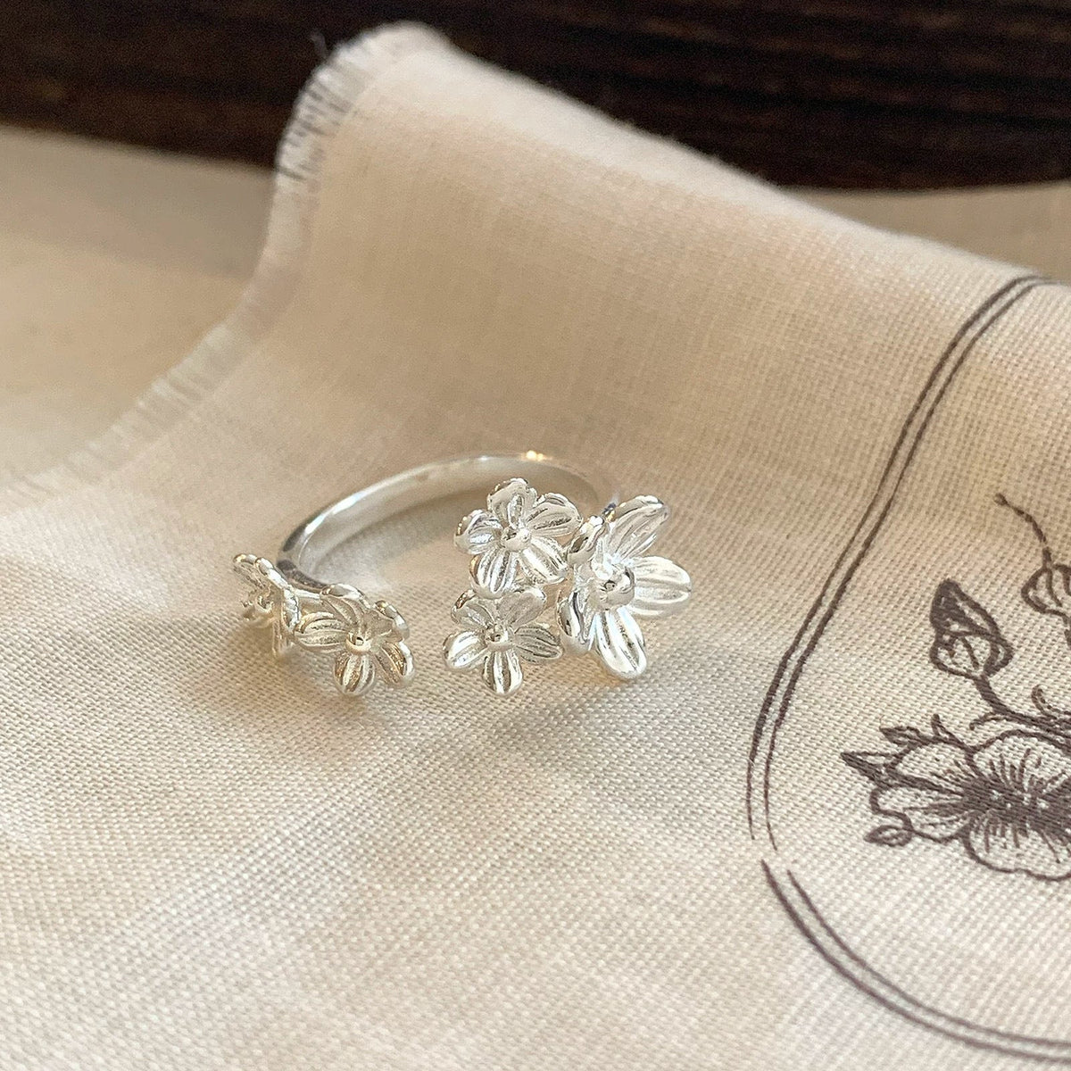 New Arrival 3D Flower Cluster Adjustable Open Ring For Ladies, Mori Style Niche Gentle Versatile Stainless Steel Finger Jewelry