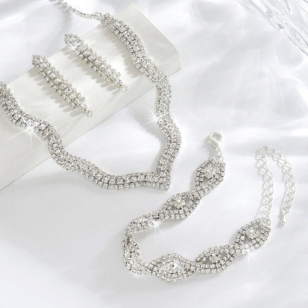 Cross-border Best-selling Rhinestone Twisted Necklace, Earrings, And Bracelet Set, Fashionable, Light Luxury, High-end Bridal Party Jewelry