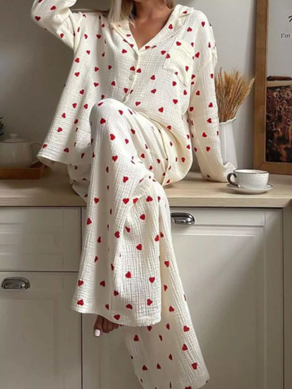 Heart Print Button Up Top and Pants Lounge Set – Apricot / Pink