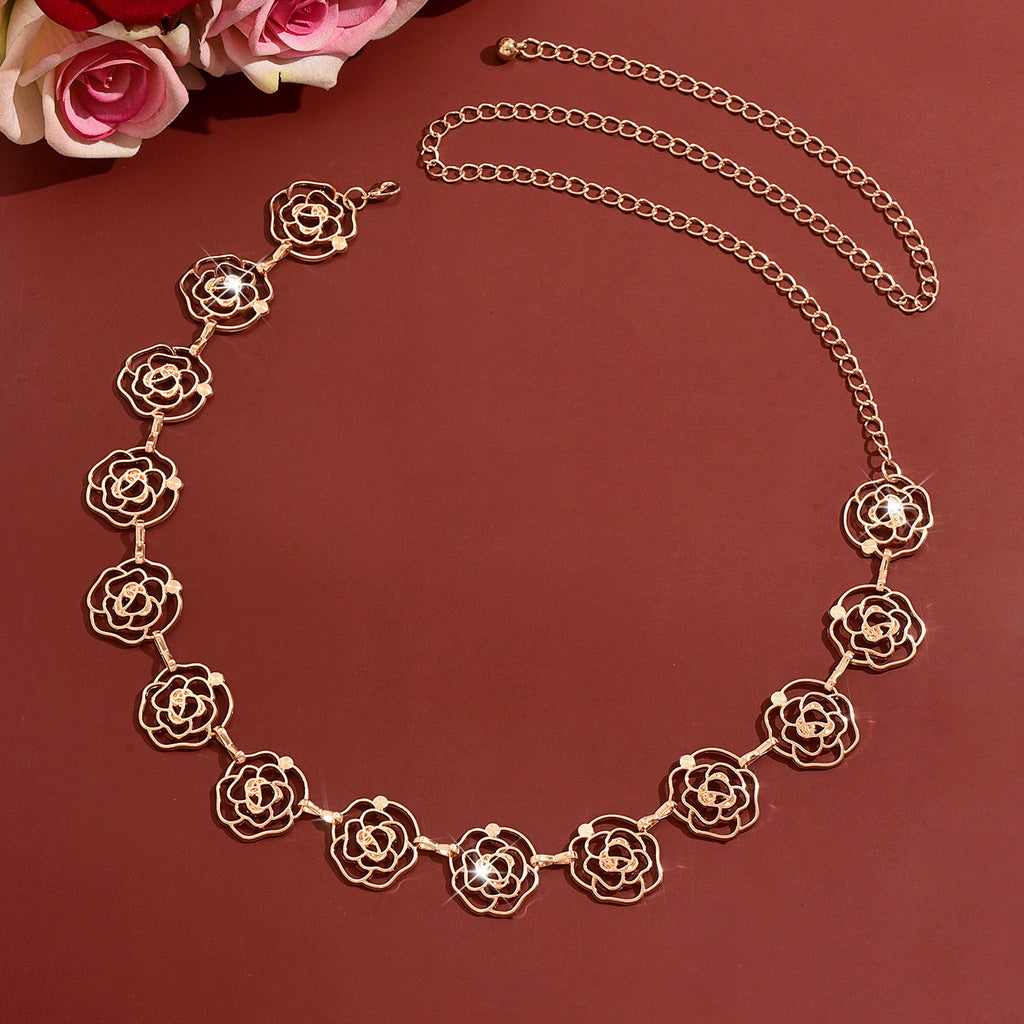 Women Hollow Rose Flower Metal Waist Chain, Adjustable Floral Belly Body Belt