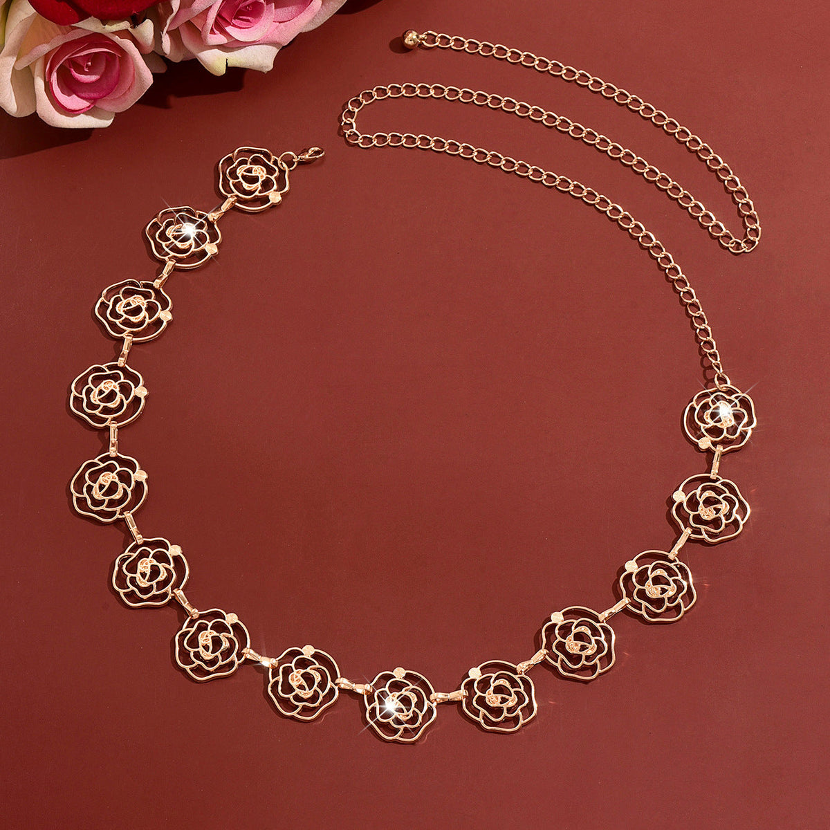 Women Hollow Rose Flower Metal Waist Chain, Adjustable Floral Belly Body Belt