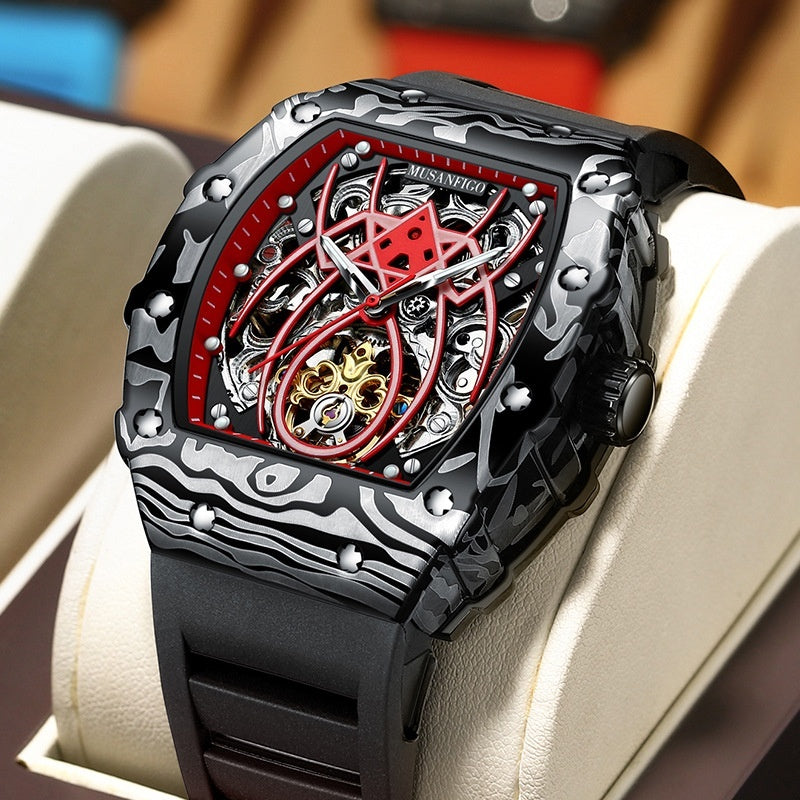 Barrel-shaped Fully Automatic Mechanical Luminous New Sports Fashion Mens Hollow-out Watch
