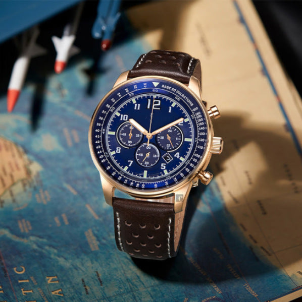 Six-hand Chronograph Quartz Watch With A Leather Strap