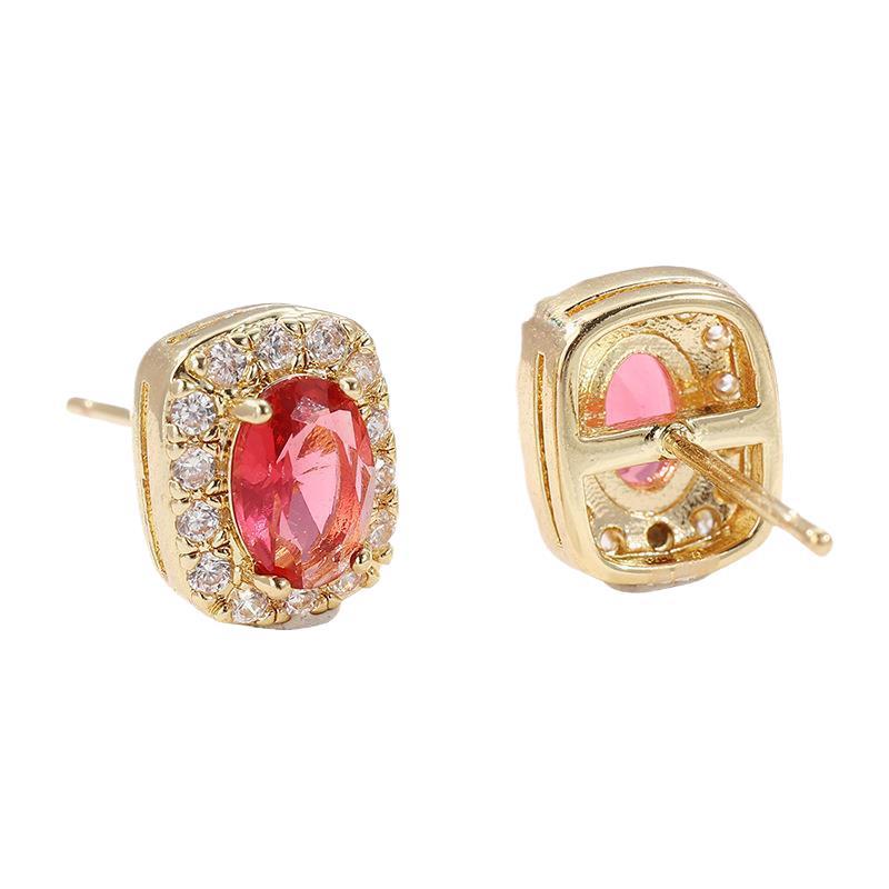 Elegant Rose Red Oval Crystal Stud Earrings Gold Tone Brass Women Party Fashion Jewelry Sparkling