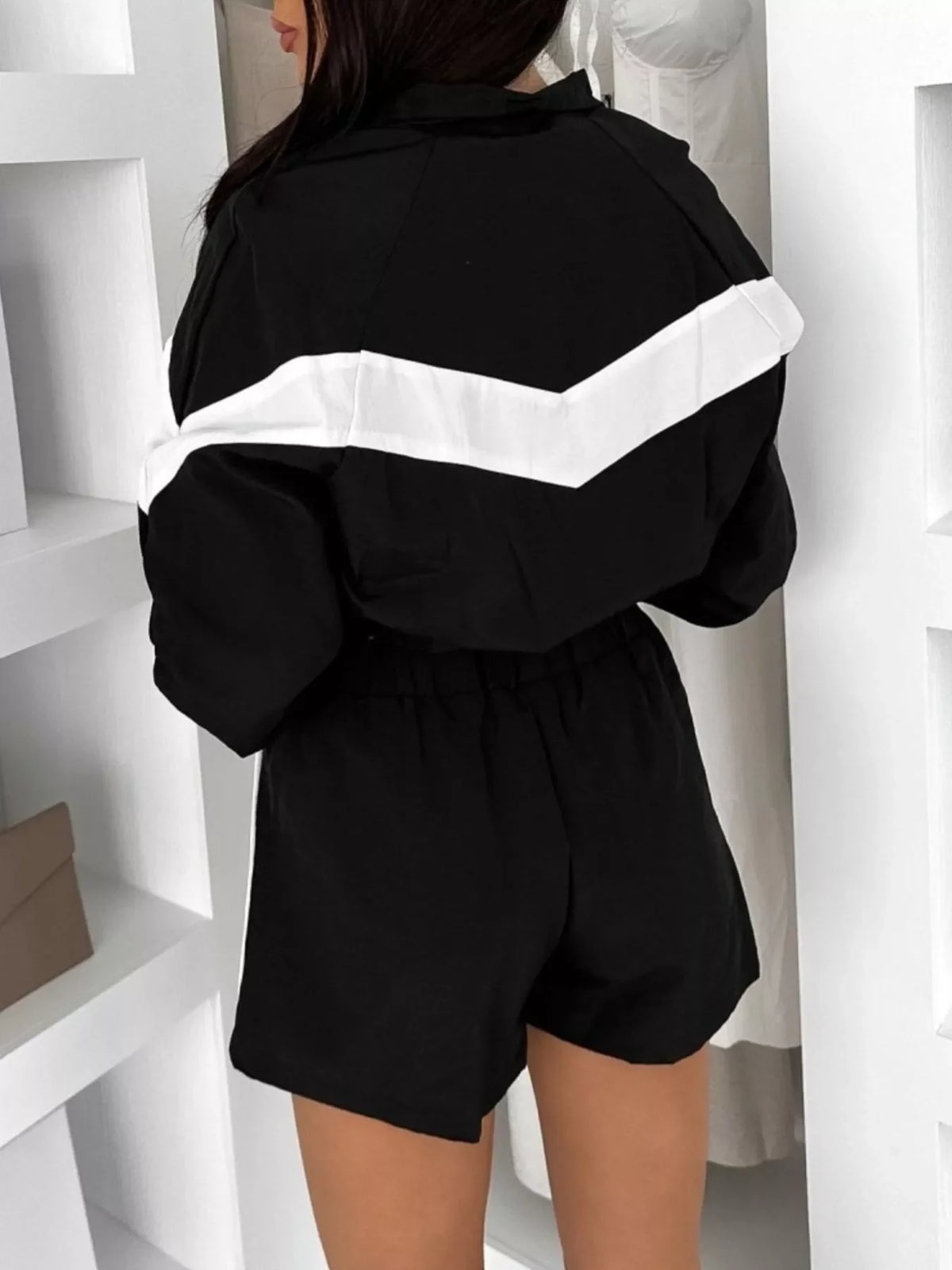 Color Block Zip-Up Jacket and Shorts Two-Piece Set