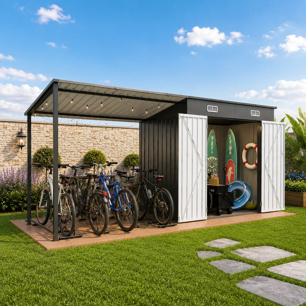 12x4 FT Metal Lean-To Shed with Pergola, 6x4 FT Outdoor Storage Shed & Hardtop Gazebo Combo