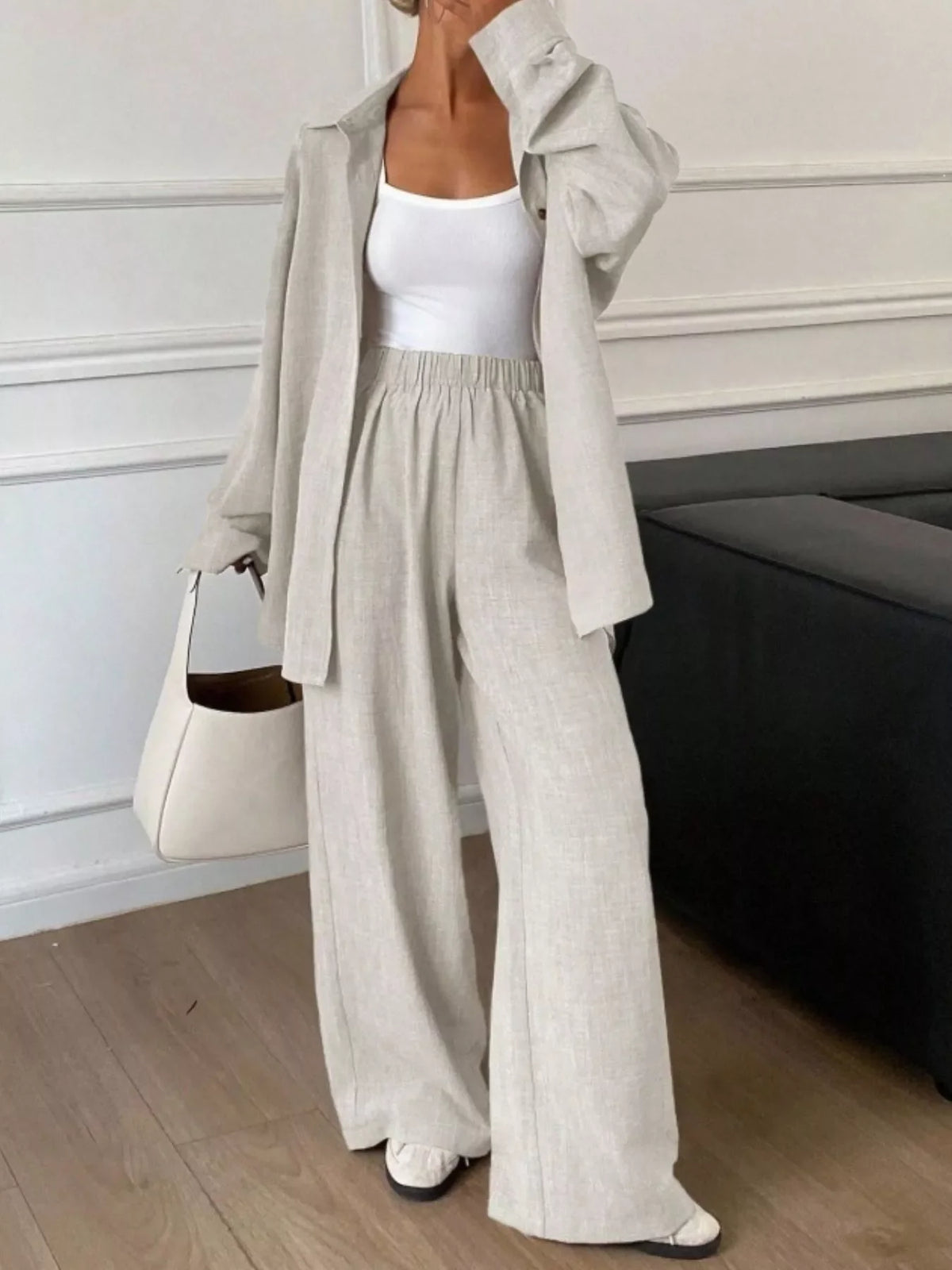 Button-Down Shirt and Wide-Leg Pants Set