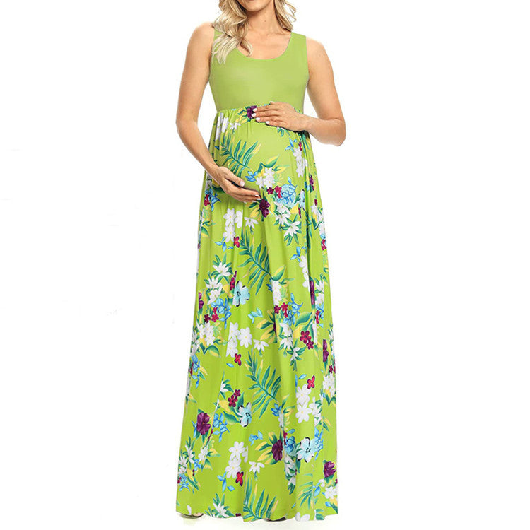 Fashion Print Stitching Round Neck Maternity Dress
