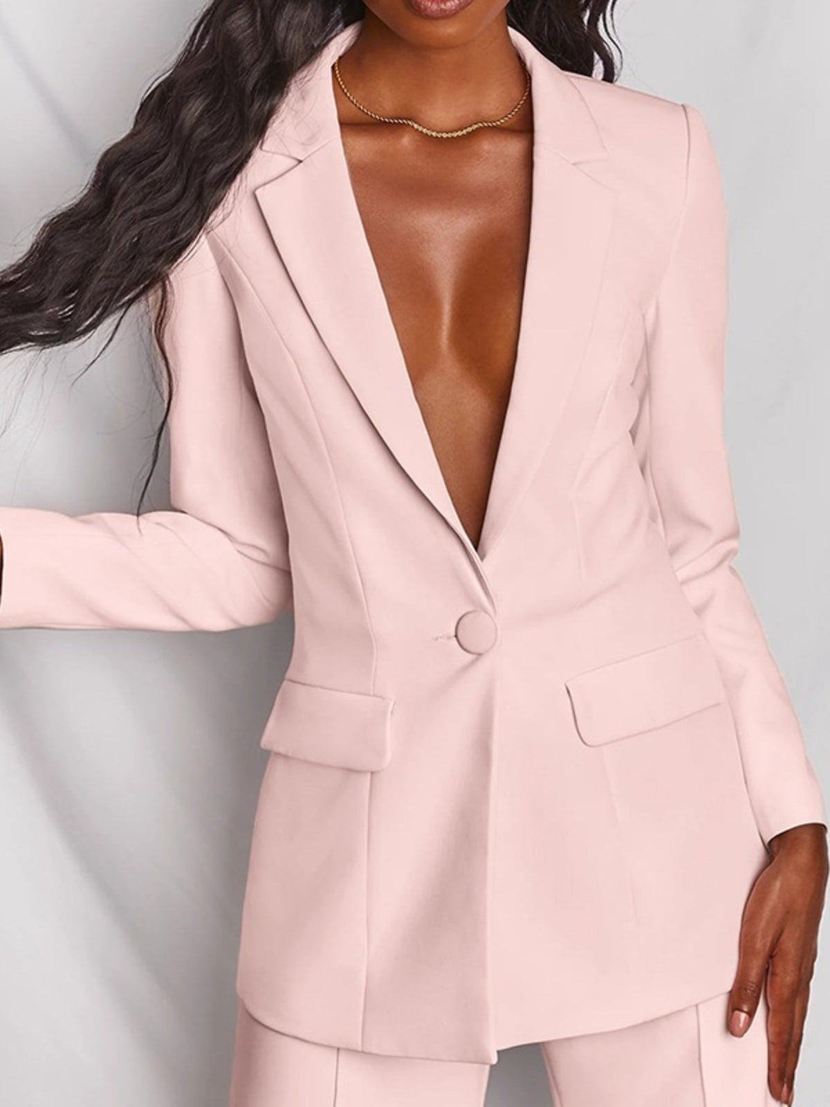Full Size One Button Blazer and Wide-Leg Pants Set Plus Size – Pink / Yellow