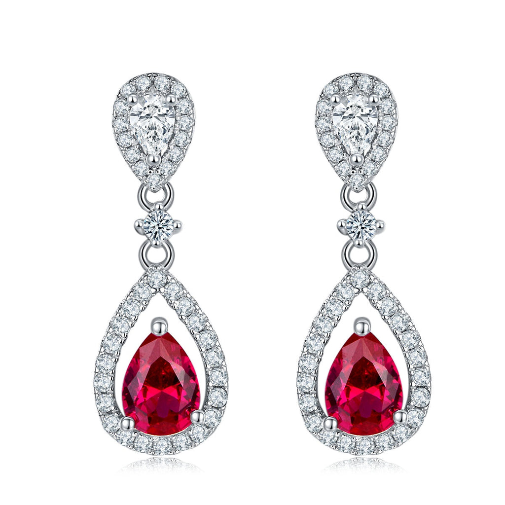 S925 Silver 3.9g Lab-Created Ruby Drop Earrings, 0.8ct 7x5mm Halo, Pair